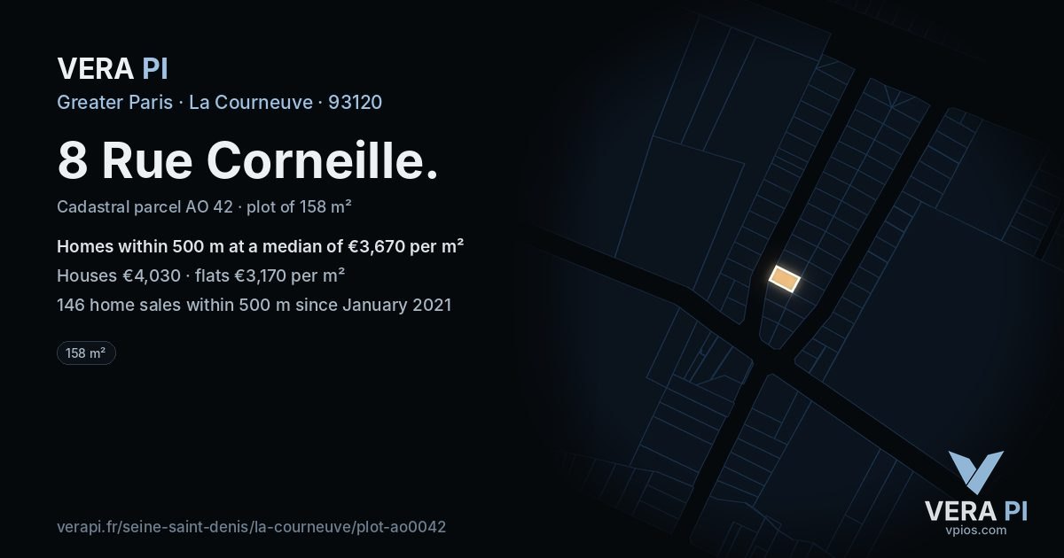 8 Rue Corneille, La Courneuve at night – the plot lit, the parcels around coloured by the prices near them