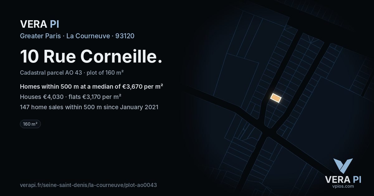 10 Rue Corneille, La Courneuve at night – the plot lit, the parcels around coloured by the prices near them