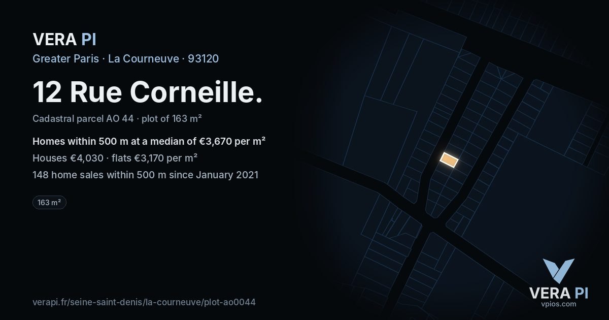 12 Rue Corneille, La Courneuve at night – the plot lit, the parcels around coloured by the prices near them