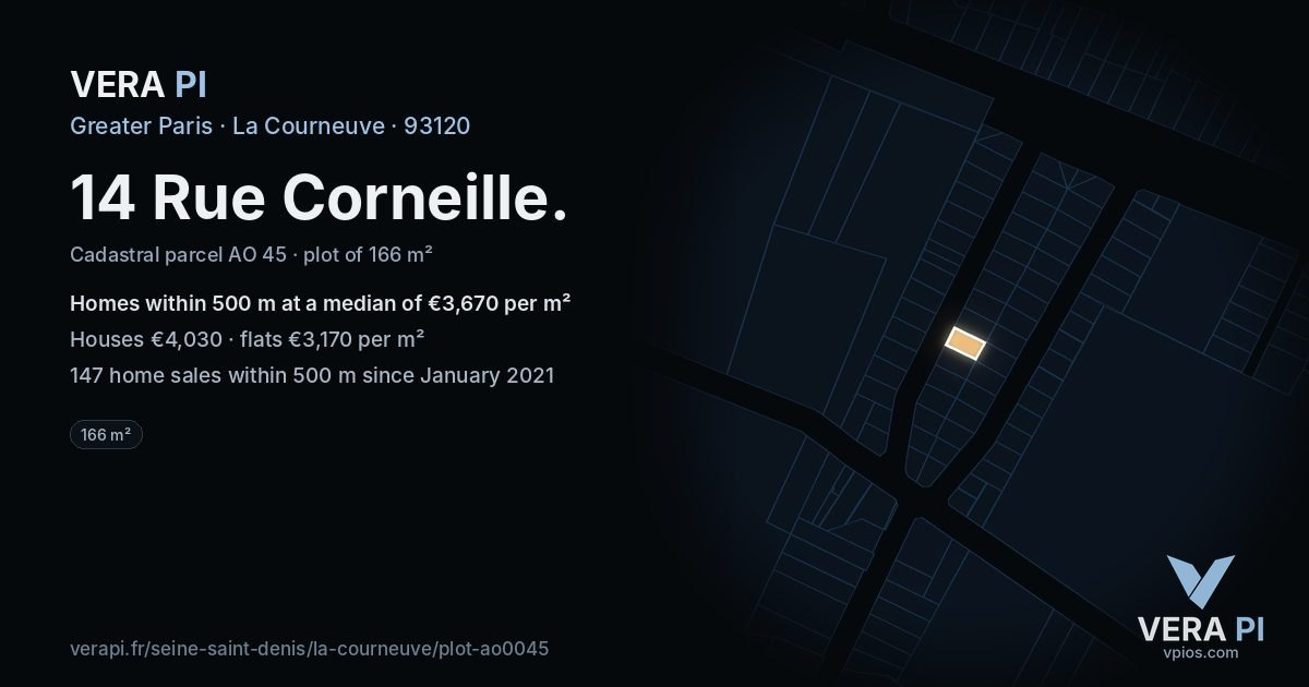 14 Rue Corneille, La Courneuve at night – the plot lit, the parcels around coloured by the prices near them