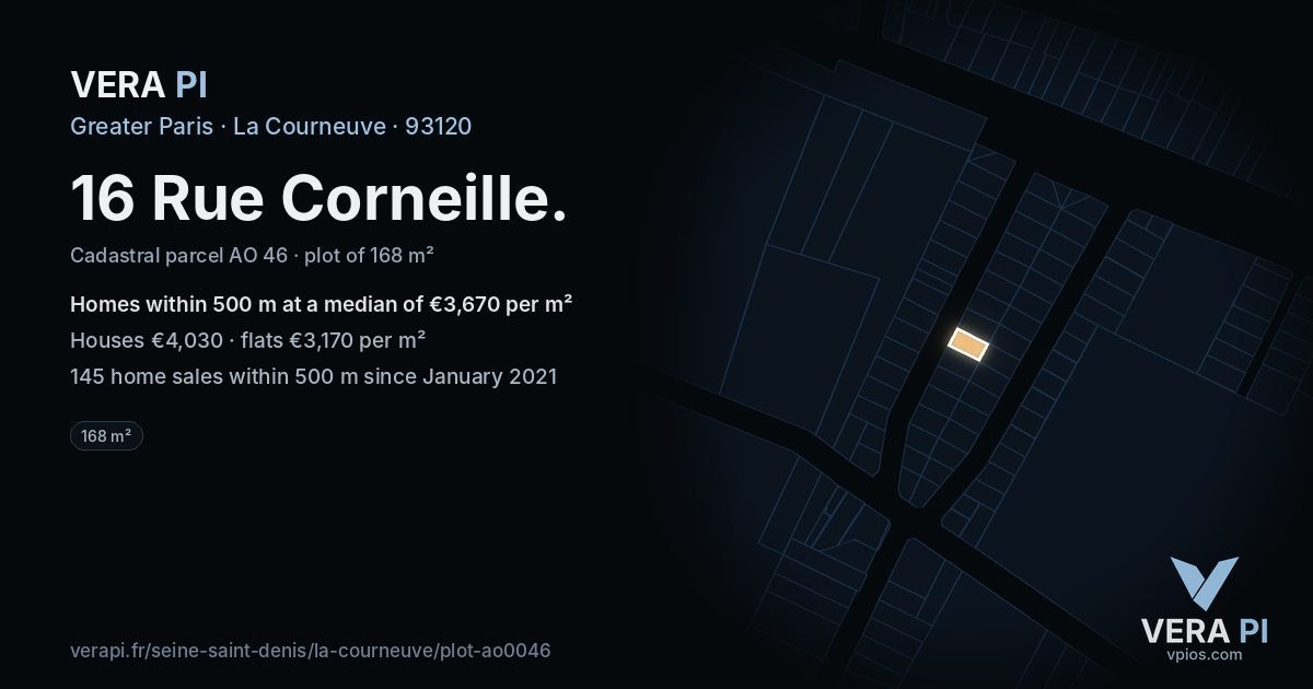 16 Rue Corneille, La Courneuve at night – the plot lit, the parcels around coloured by the prices near them