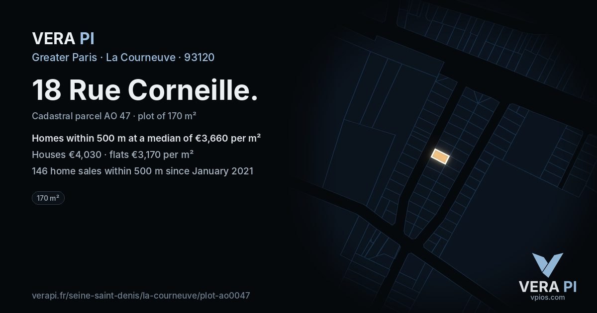 18 Rue Corneille, La Courneuve at night – the plot lit, the parcels around coloured by the prices near them