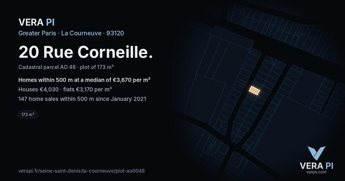 20 Rue Corneille, La Courneuve at night – the plot lit, the parcels around coloured by the prices near them