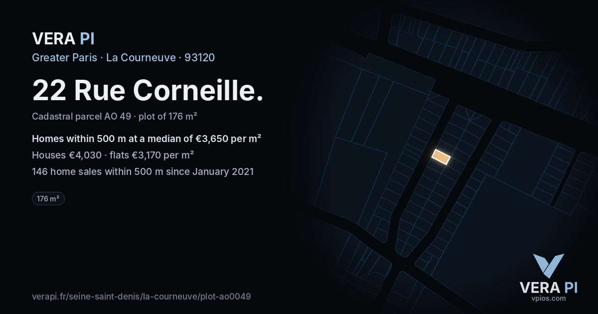 22 Rue Corneille, La Courneuve at night – the plot lit, the parcels around coloured by the prices near them