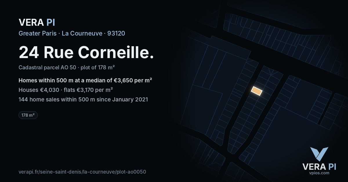 24 Rue Corneille, La Courneuve at night – the plot lit, the parcels around coloured by the prices near them