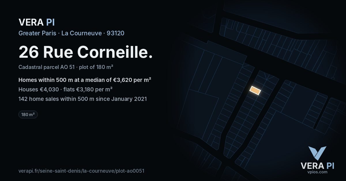 26 Rue Corneille, La Courneuve at night – the plot lit, the parcels around coloured by the prices near them
