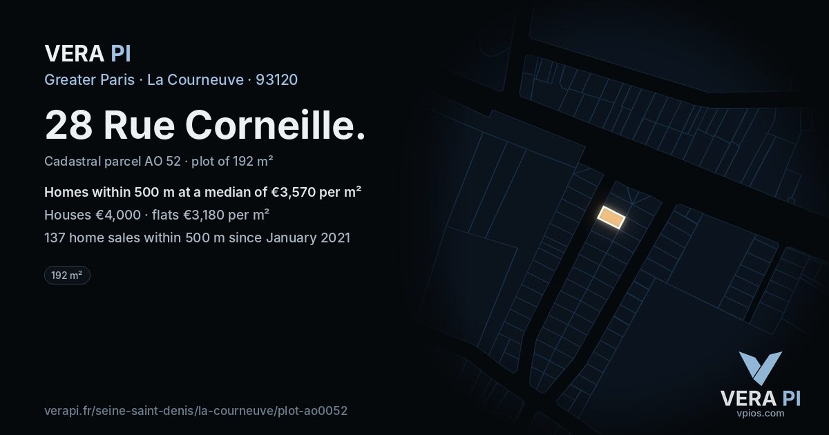 28 Rue Corneille, La Courneuve at night – the plot lit, the parcels around coloured by the prices near them