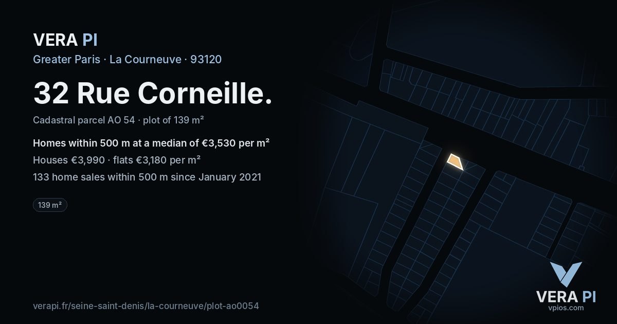 32 Rue Corneille, La Courneuve at night – the plot lit, the parcels around coloured by the prices near them