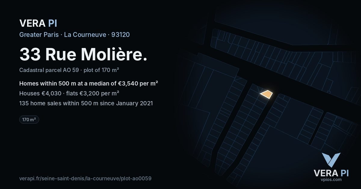 33 Rue Molière, La Courneuve at night – the plot lit, the parcels around coloured by the prices near them