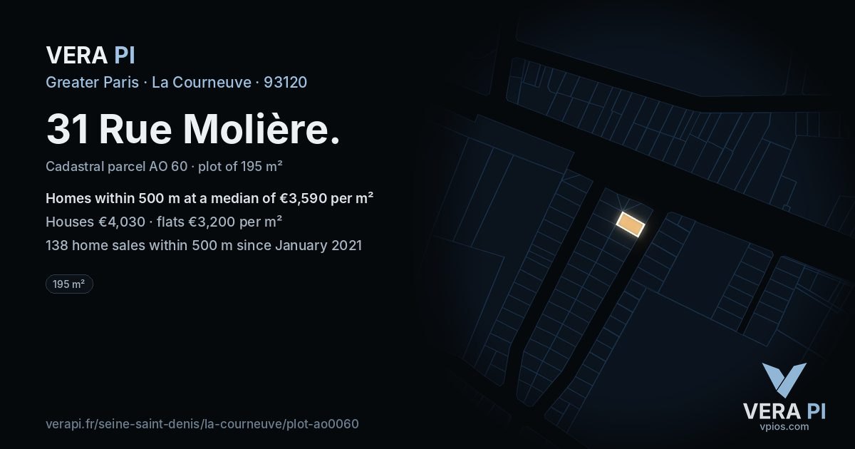 31 Rue Molière, La Courneuve at night – the plot lit, the parcels around coloured by the prices near them