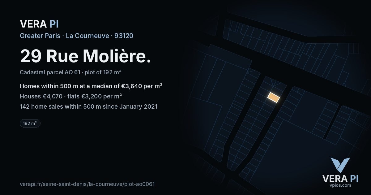 29 Rue Molière, La Courneuve at night – the plot lit, the parcels around coloured by the prices near them