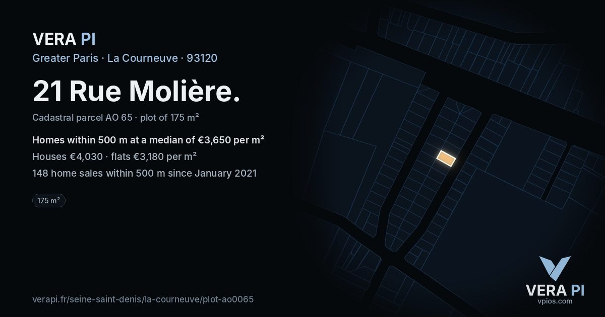 21 Rue Molière, La Courneuve at night – the plot lit, the parcels around coloured by the prices near them