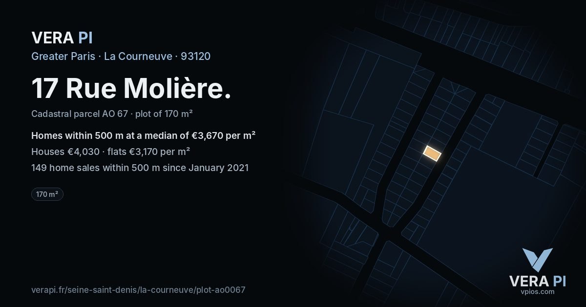 17 Rue Molière, La Courneuve at night – the plot lit, the parcels around coloured by the prices near them