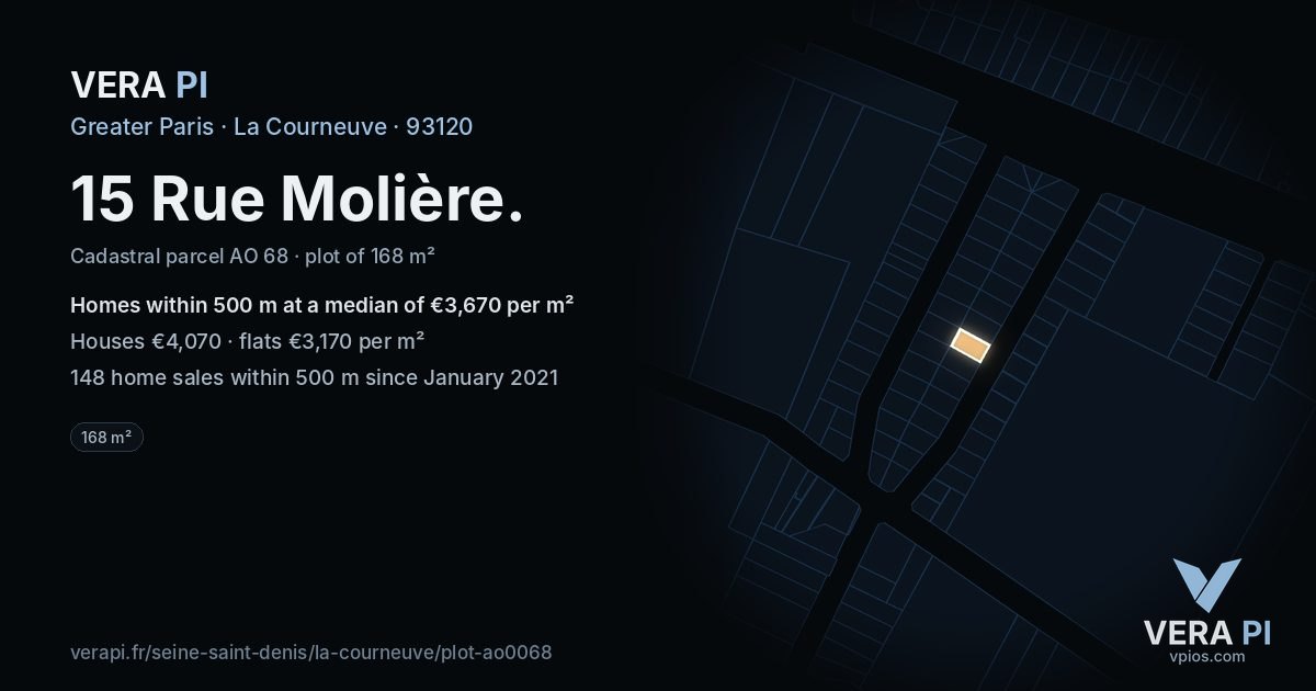 15 Rue Molière, La Courneuve at night – the plot lit, the parcels around coloured by the prices near them