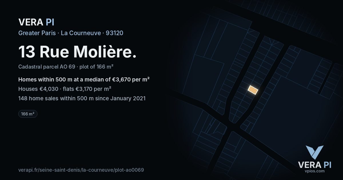 13 Rue Molière, La Courneuve at night – the plot lit, the parcels around coloured by the prices near them