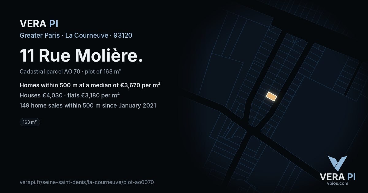 11 Rue Molière, La Courneuve at night – the plot lit, the parcels around coloured by the prices near them