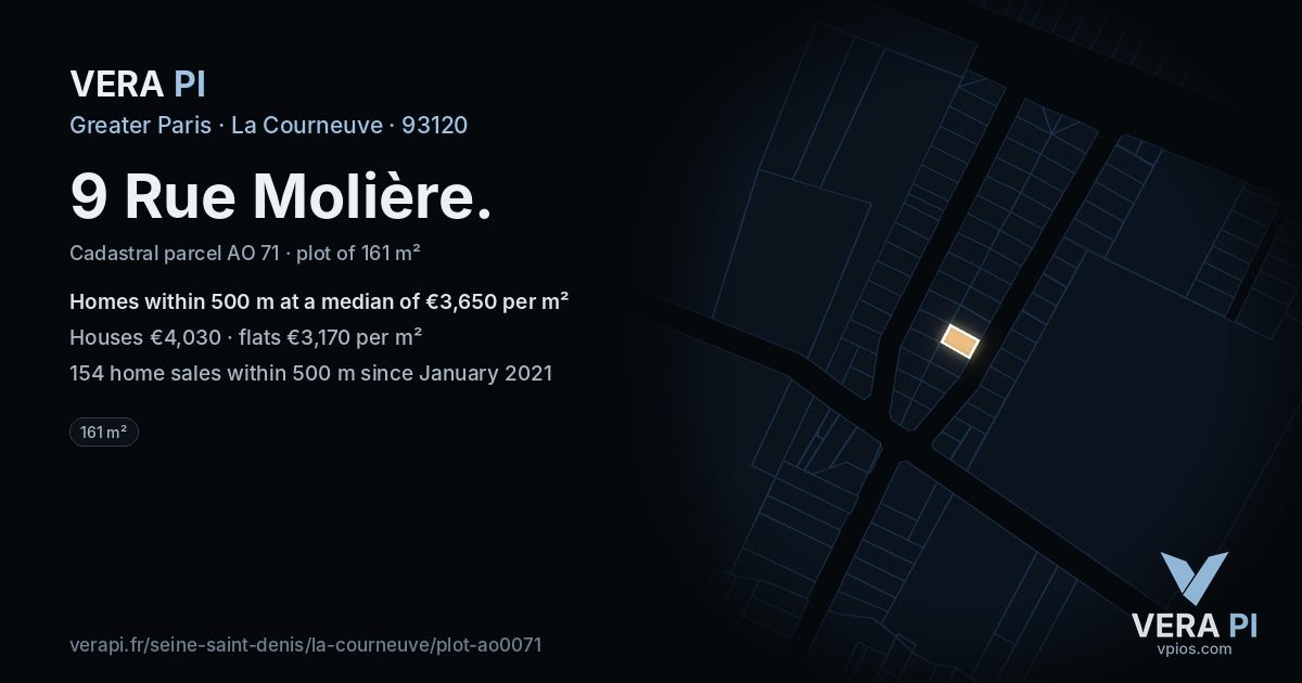 9 Rue Molière, La Courneuve at night – the plot lit, the parcels around coloured by the prices near them