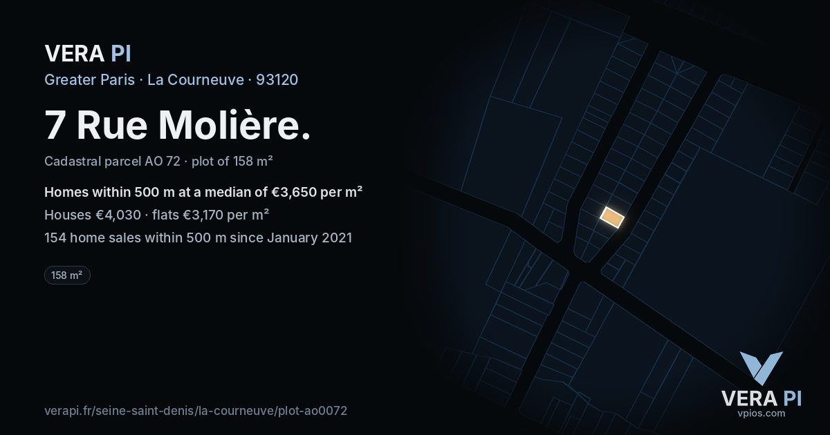 7 Rue Molière, La Courneuve at night – the plot lit, the parcels around coloured by the prices near them