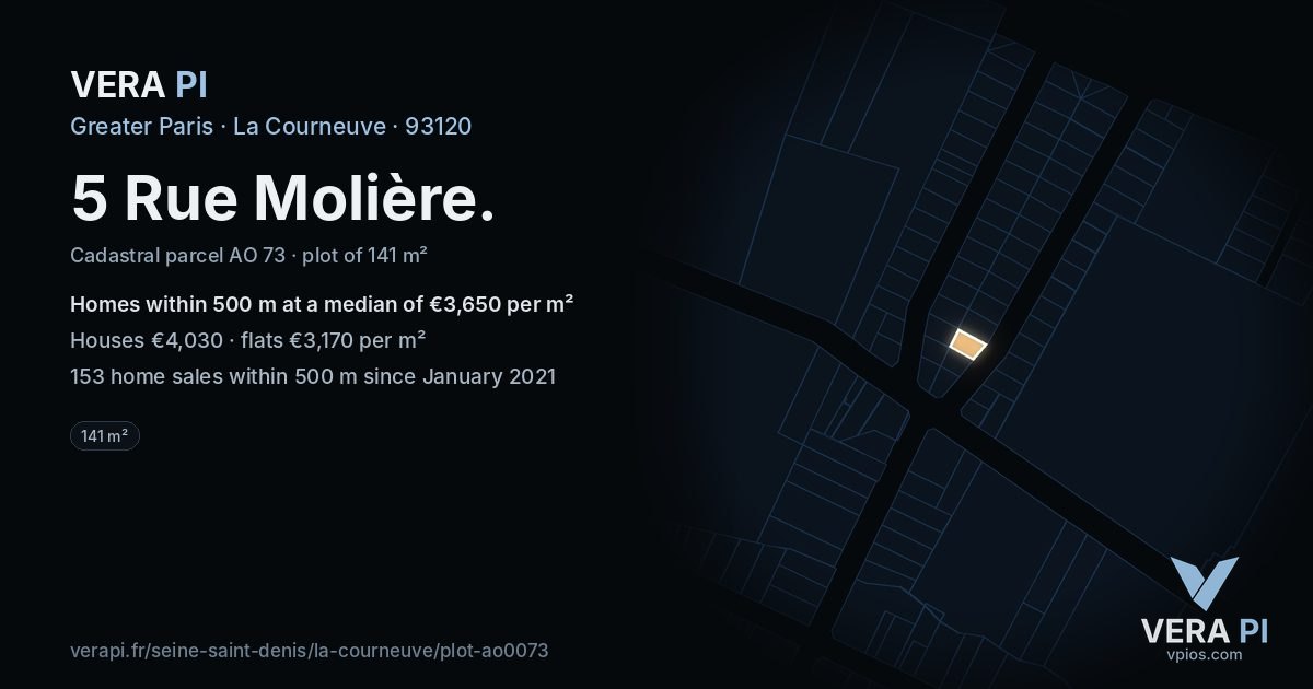 5 Rue Molière, La Courneuve at night – the plot lit, the parcels around coloured by the prices near them
