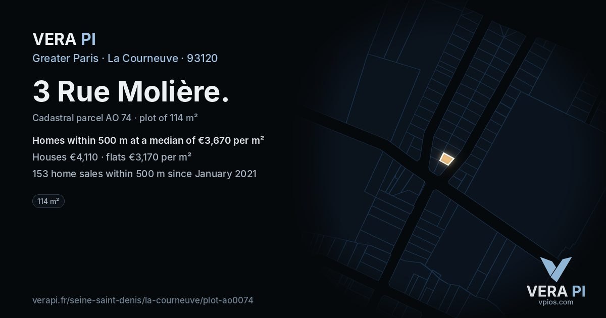 3 Rue Molière, La Courneuve at night – the plot lit, the parcels around coloured by the prices near them