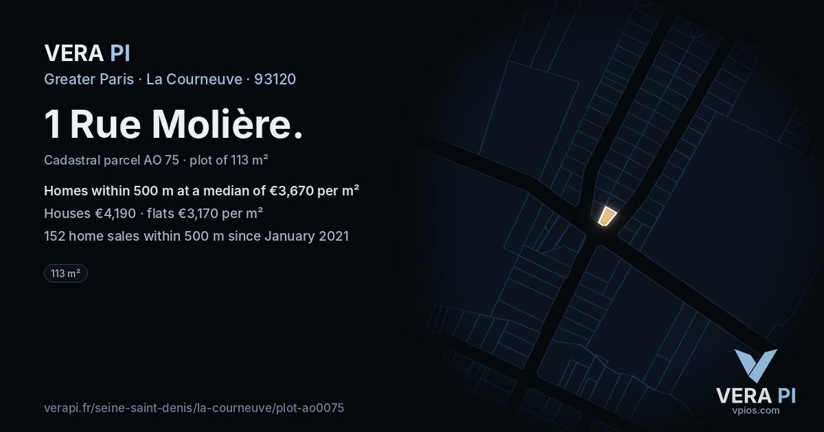 1 Rue Molière, La Courneuve at night – the plot lit, the parcels around coloured by the prices near them