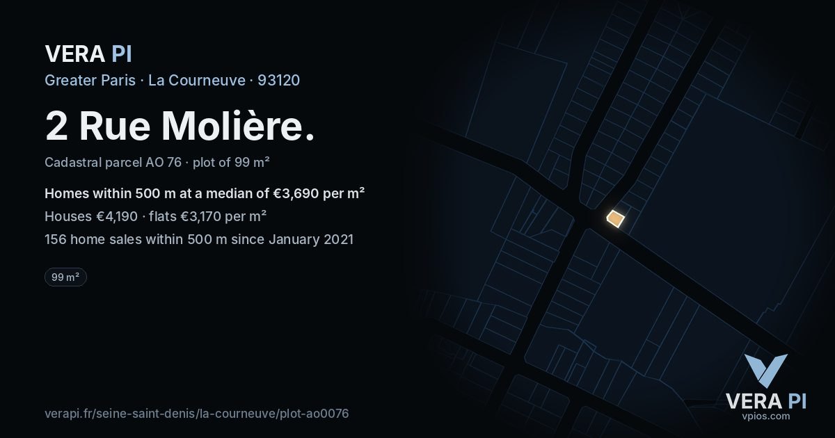 2 Rue Molière, La Courneuve at night – the plot lit, the parcels around coloured by the prices near them