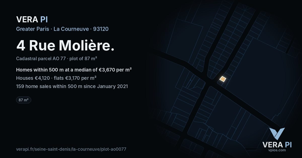 4 Rue Molière, La Courneuve at night – the plot lit, the parcels around coloured by the prices near them