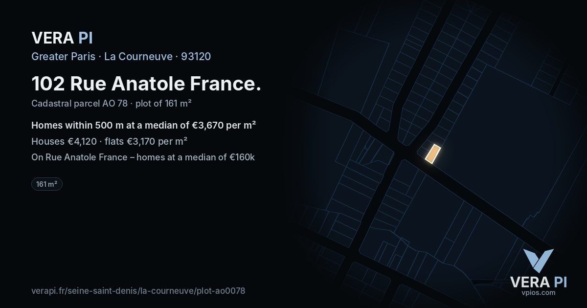 102 Rue Anatole France, La Courneuve at night – the plot lit, the parcels around coloured by the prices near them