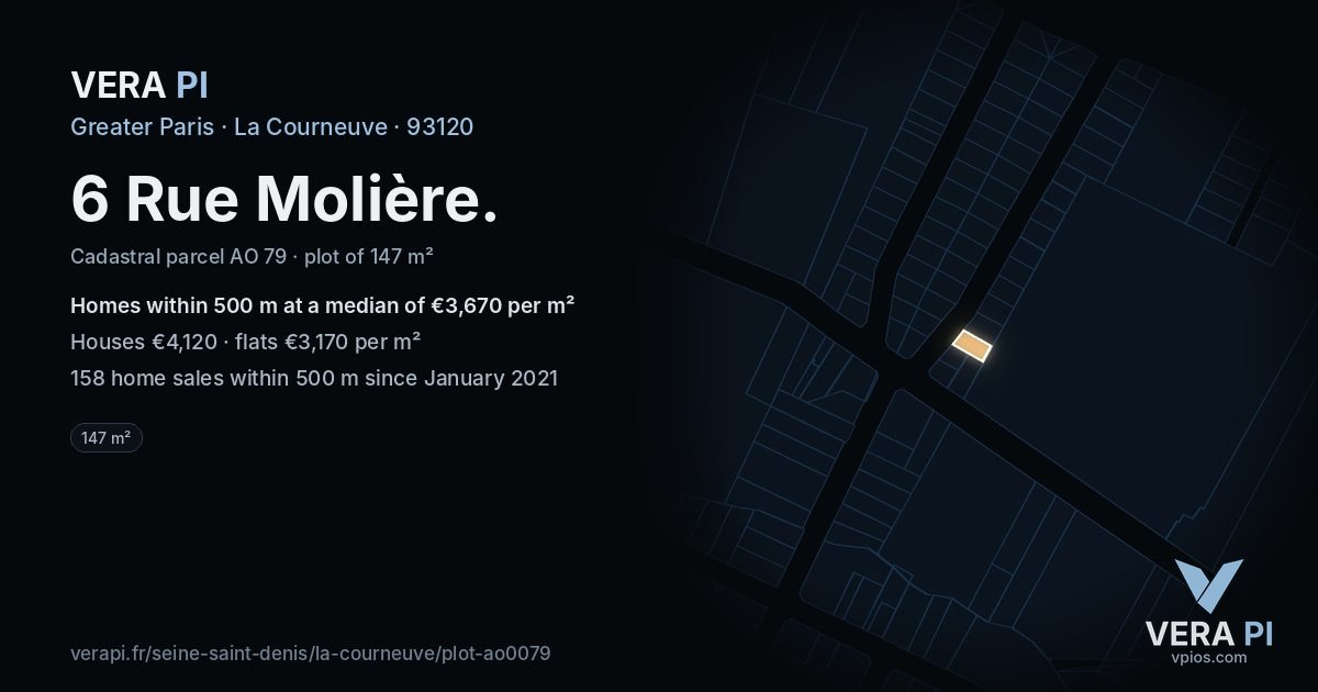 6 Rue Molière, La Courneuve at night – the plot lit, the parcels around coloured by the prices near them