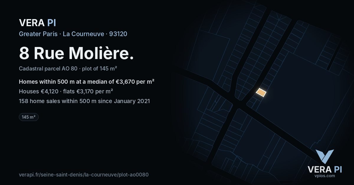 8 Rue Molière, La Courneuve at night – the plot lit, the parcels around coloured by the prices near them