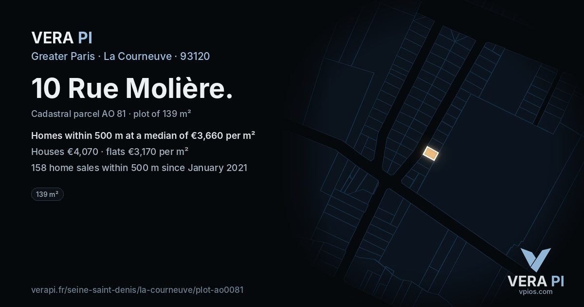 10 Rue Molière, La Courneuve at night – the plot lit, the parcels around coloured by the prices near them