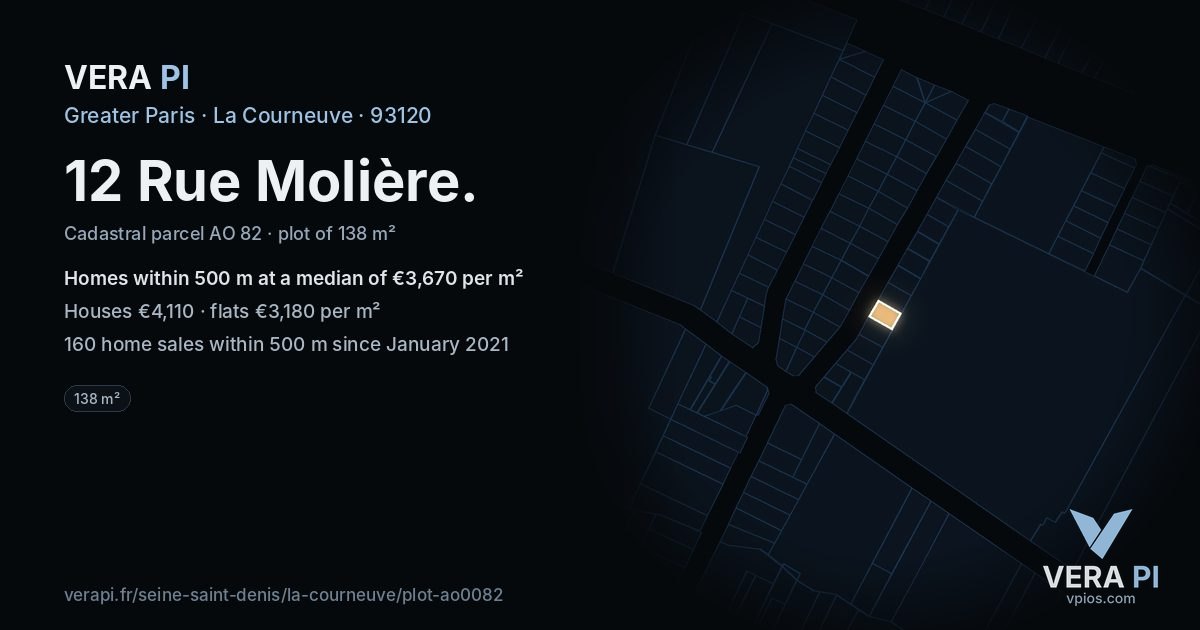 12 Rue Molière, La Courneuve at night – the plot lit, the parcels around coloured by the prices near them