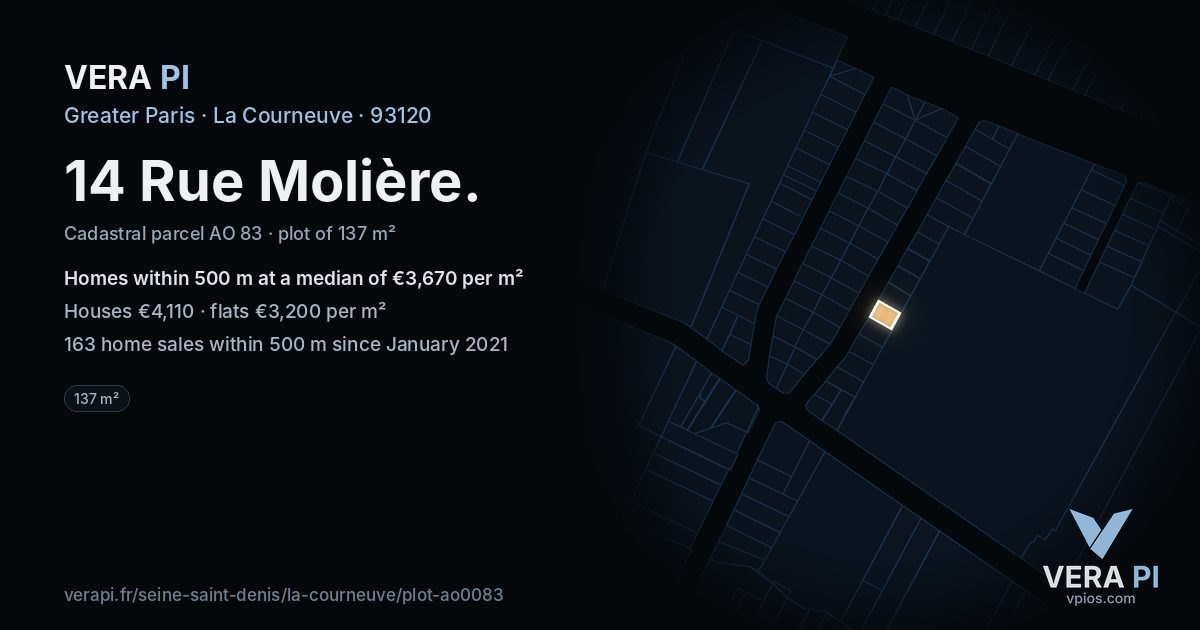 14 Rue Molière, La Courneuve at night – the plot lit, the parcels around coloured by the prices near them