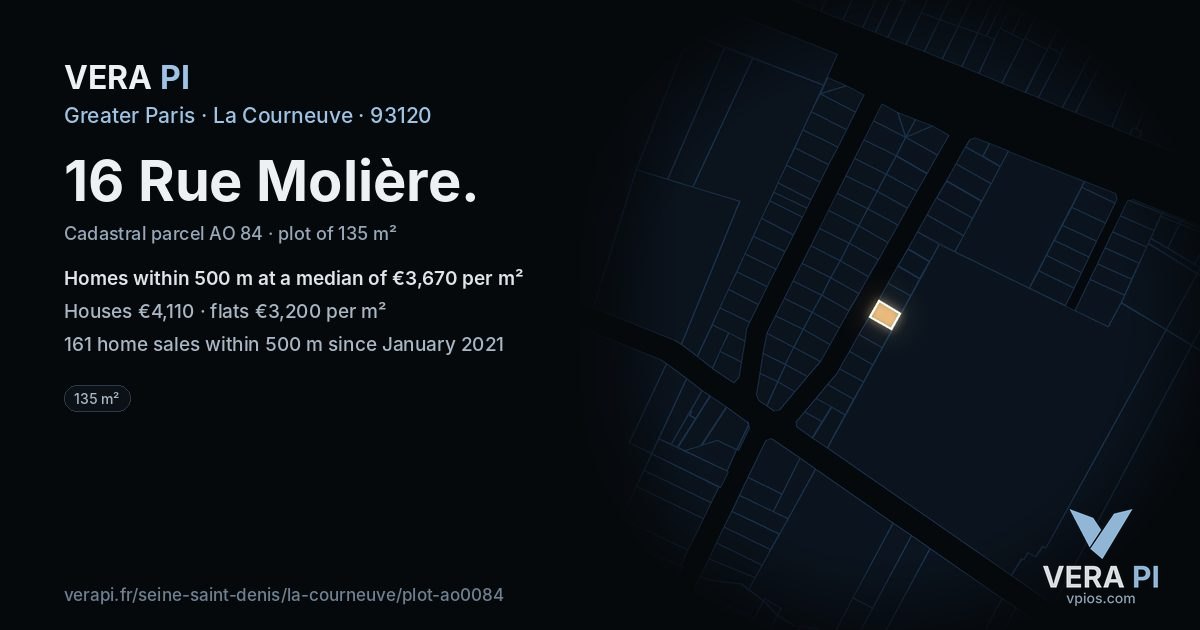 16 Rue Molière, La Courneuve at night – the plot lit, the parcels around coloured by the prices near them