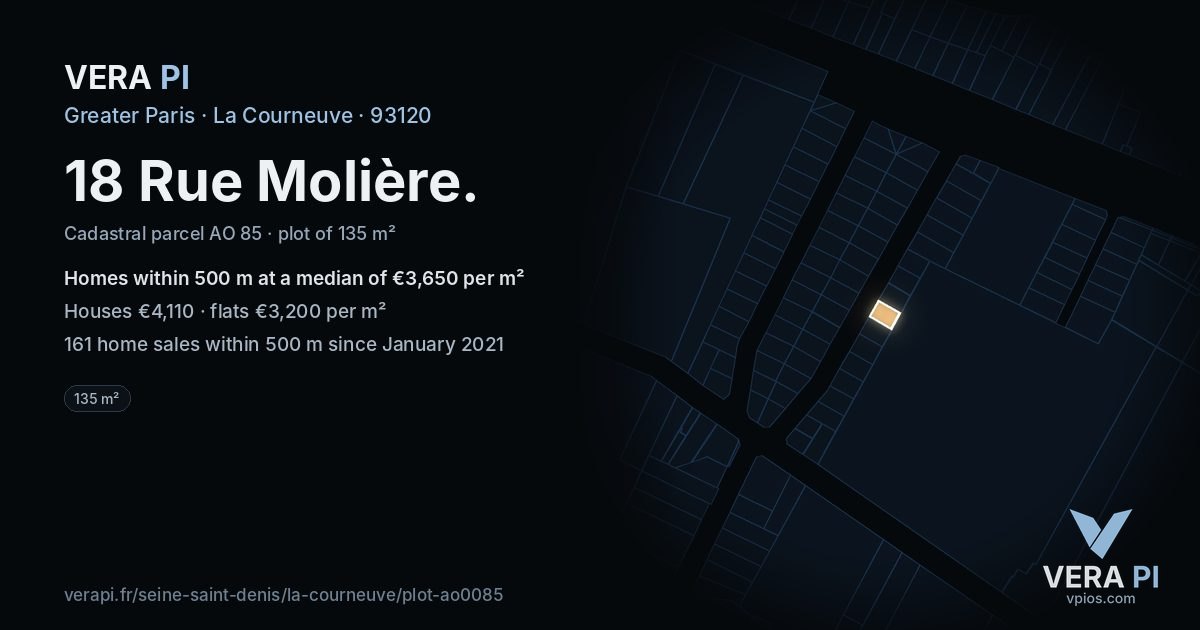 18 Rue Molière, La Courneuve at night – the plot lit, the parcels around coloured by the prices near them