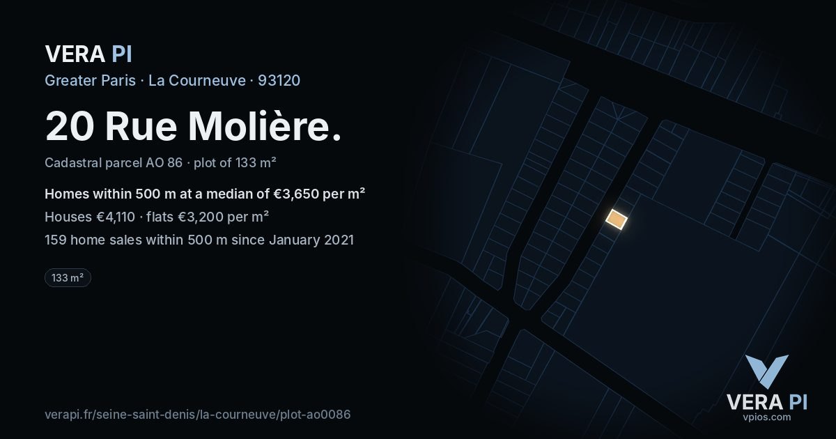 20 Rue Molière, La Courneuve at night – the plot lit, the parcels around coloured by the prices near them