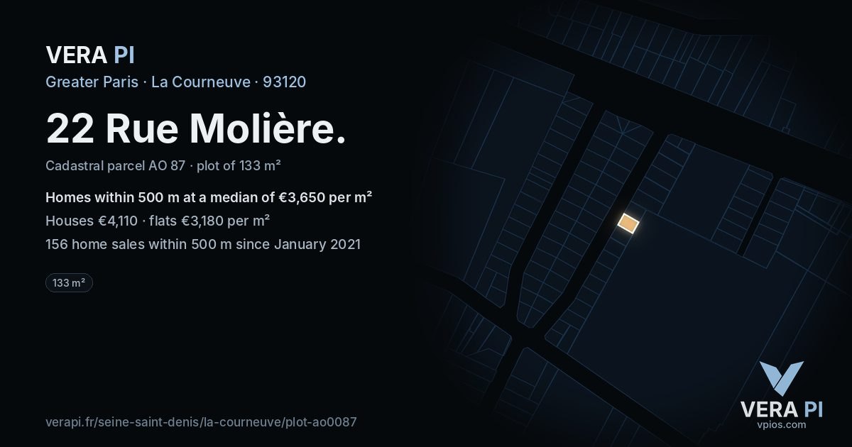 22 Rue Molière, La Courneuve at night – the plot lit, the parcels around coloured by the prices near them