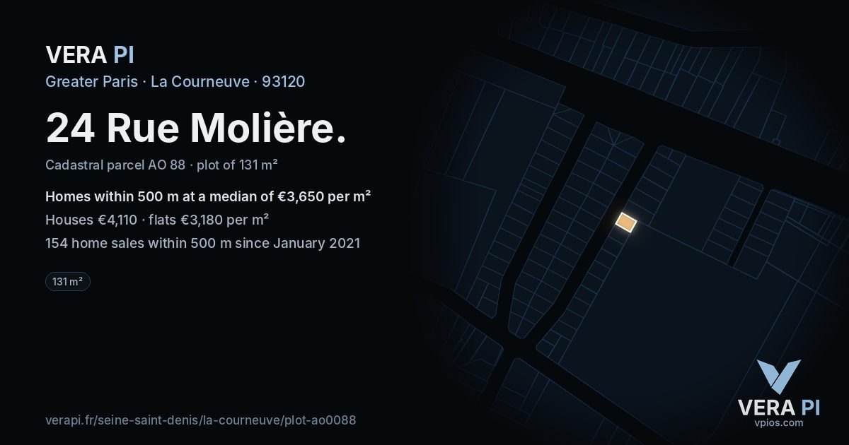24 Rue Molière, La Courneuve at night – the plot lit, the parcels around coloured by the prices near them
