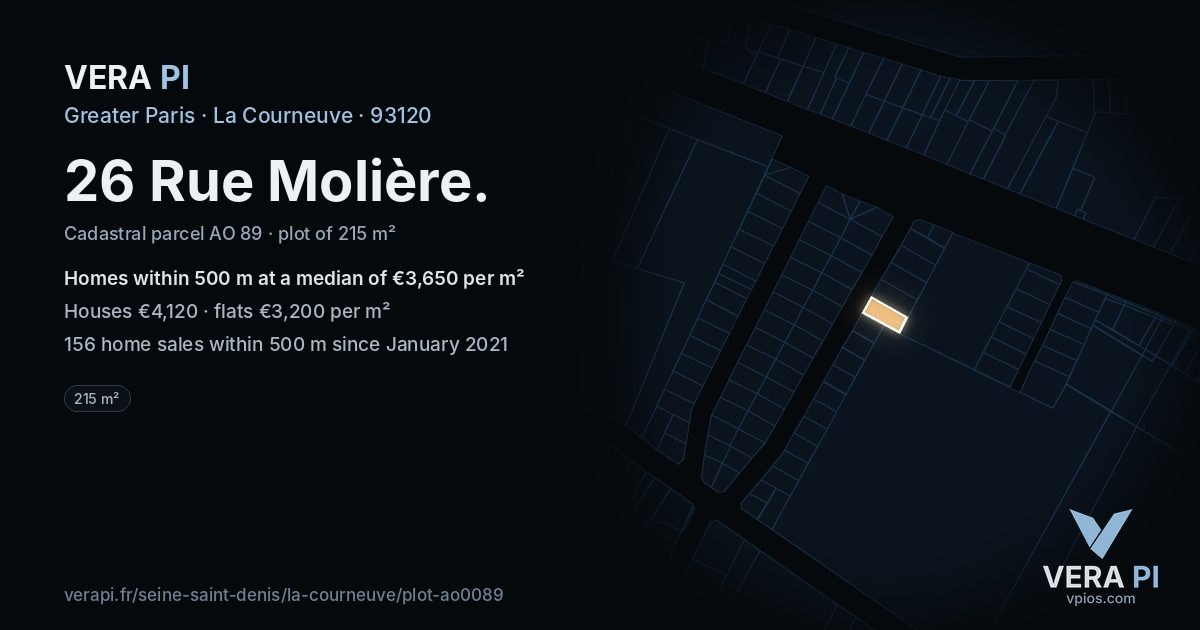 26 Rue Molière, La Courneuve at night – the plot lit, the parcels around coloured by the prices near them