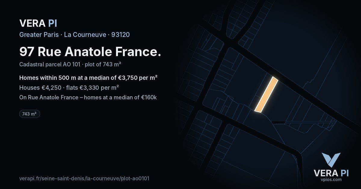 97 Rue Anatole France, La Courneuve at night – the plot lit, the parcels around coloured by the prices near them