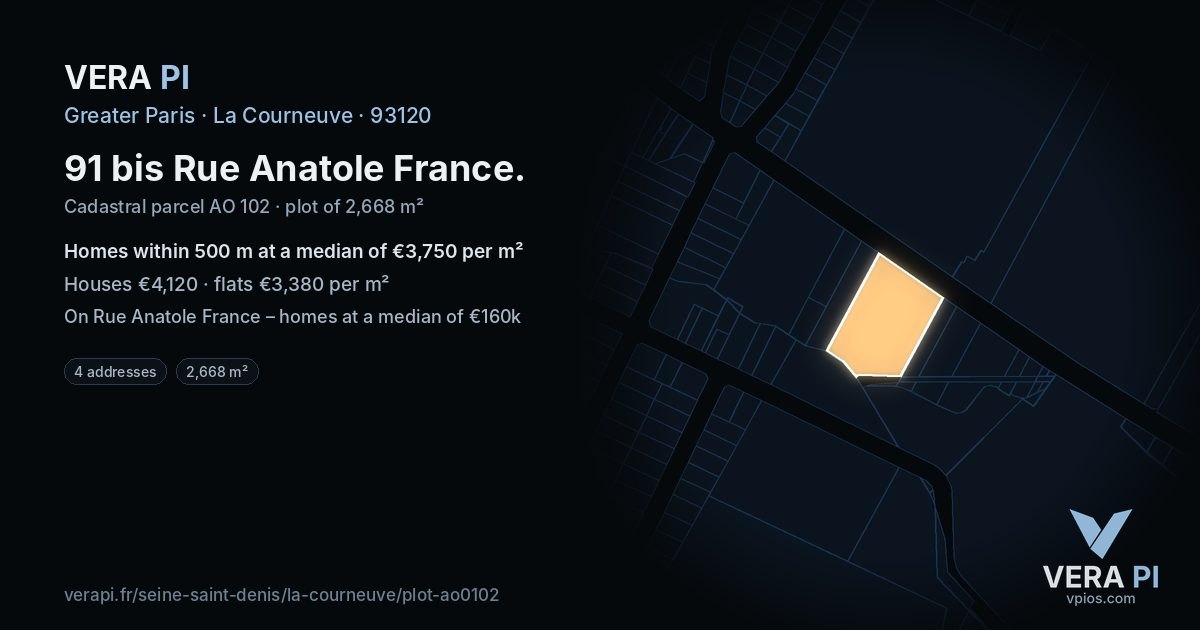 91 bis Rue Anatole France, La Courneuve at night – the plot lit, the parcels around coloured by the prices near them