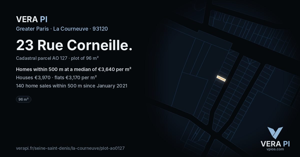 23 Rue Corneille, La Courneuve at night – the plot lit, the parcels around coloured by the prices near them