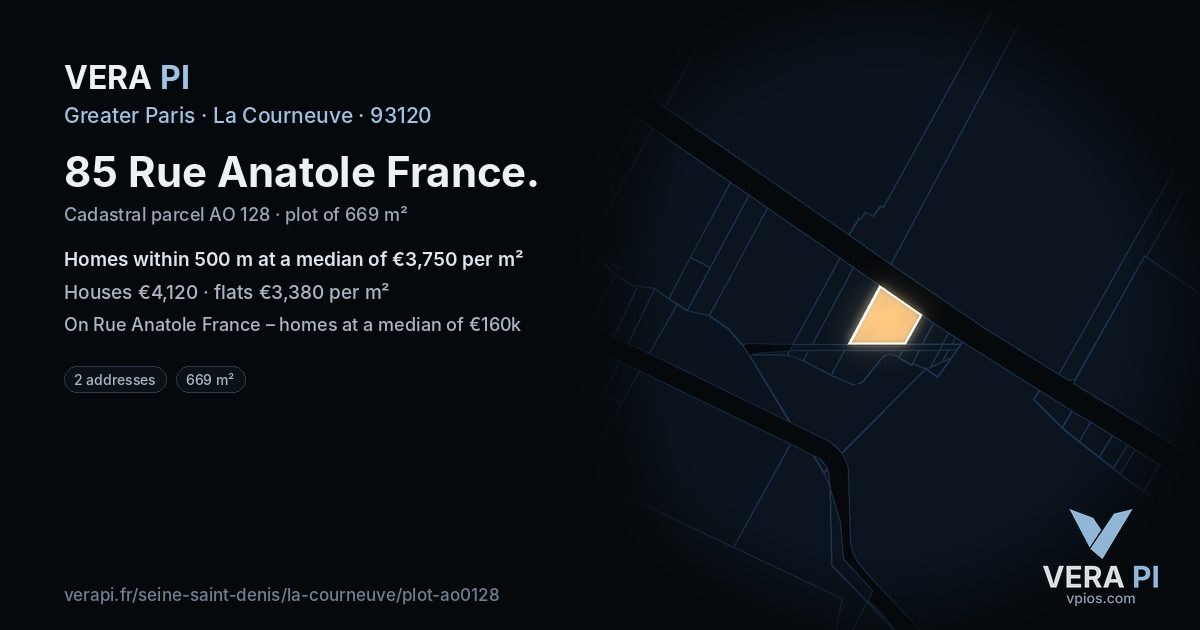 85 Rue Anatole France, La Courneuve at night – the plot lit, the parcels around coloured by the prices near them