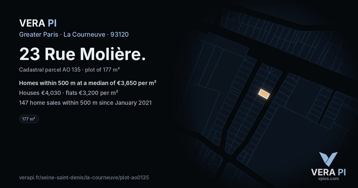 23 Rue Molière, La Courneuve at night – the plot lit, the parcels around coloured by the prices near them