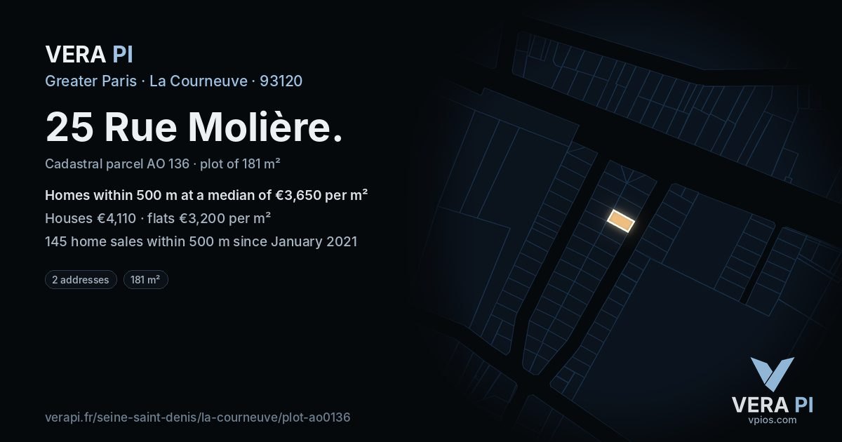 25 Rue Molière, La Courneuve at night – the plot lit, the parcels around coloured by the prices near them