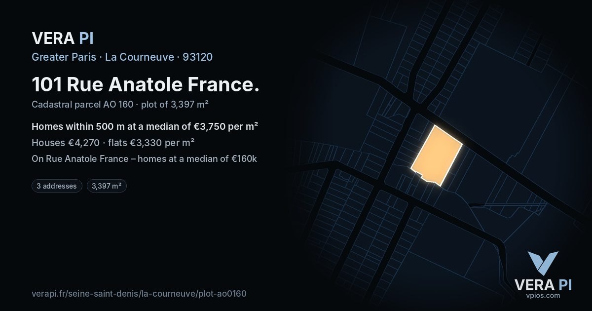 101 Rue Anatole France, La Courneuve at night – the plot lit, the parcels around coloured by the prices near them