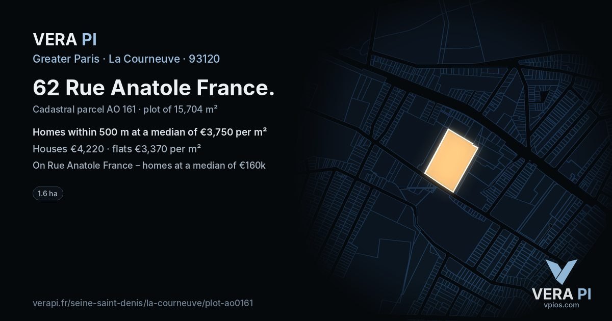62 Rue Anatole France, La Courneuve at night – the plot lit, the parcels around coloured by the prices near them