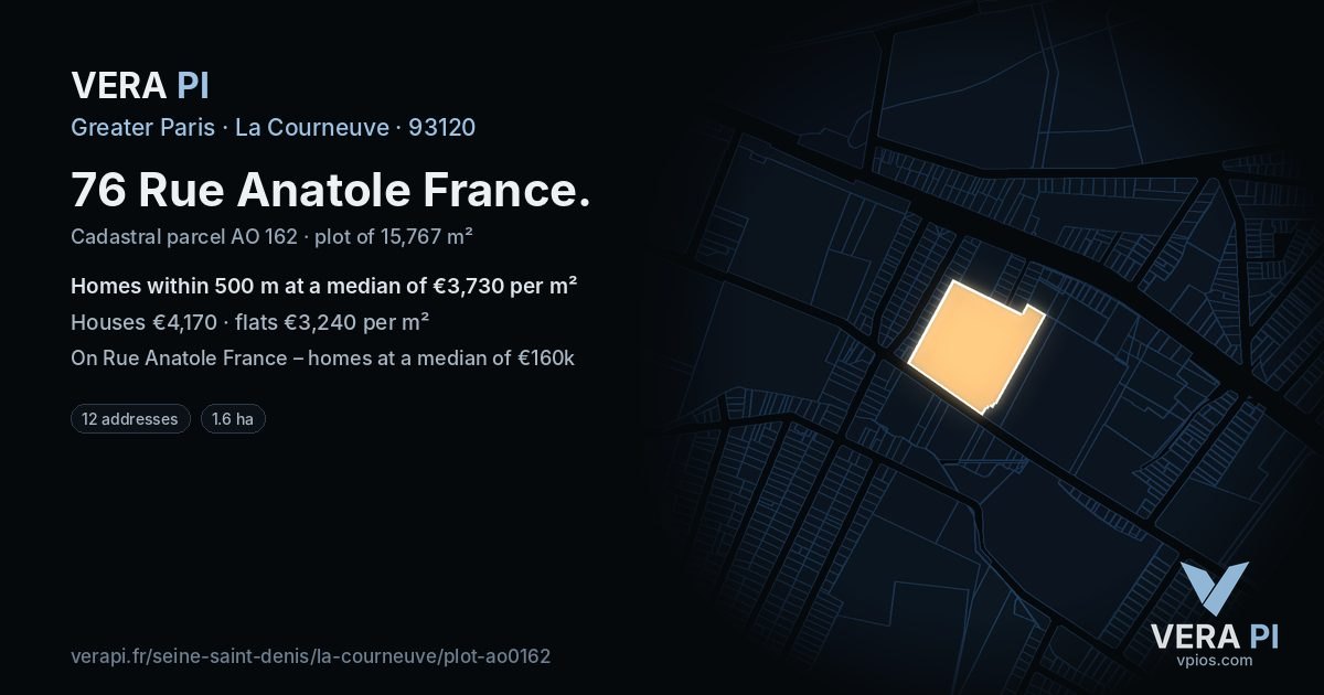 76 Rue Anatole France, La Courneuve at night – the plot lit, the parcels around coloured by the prices near them