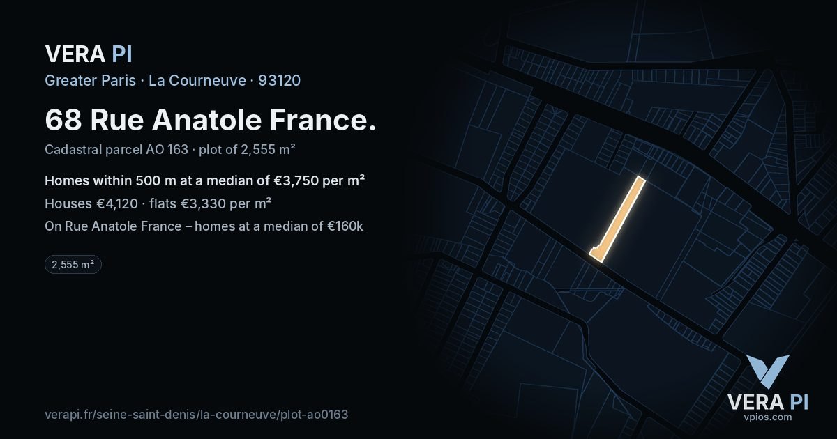 68 Rue Anatole France, La Courneuve at night – the plot lit, the parcels around coloured by the prices near them
