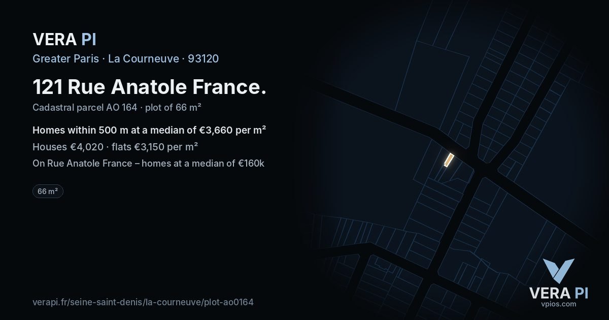 121 Rue Anatole France, La Courneuve at night – the plot lit, the parcels around coloured by the prices near them